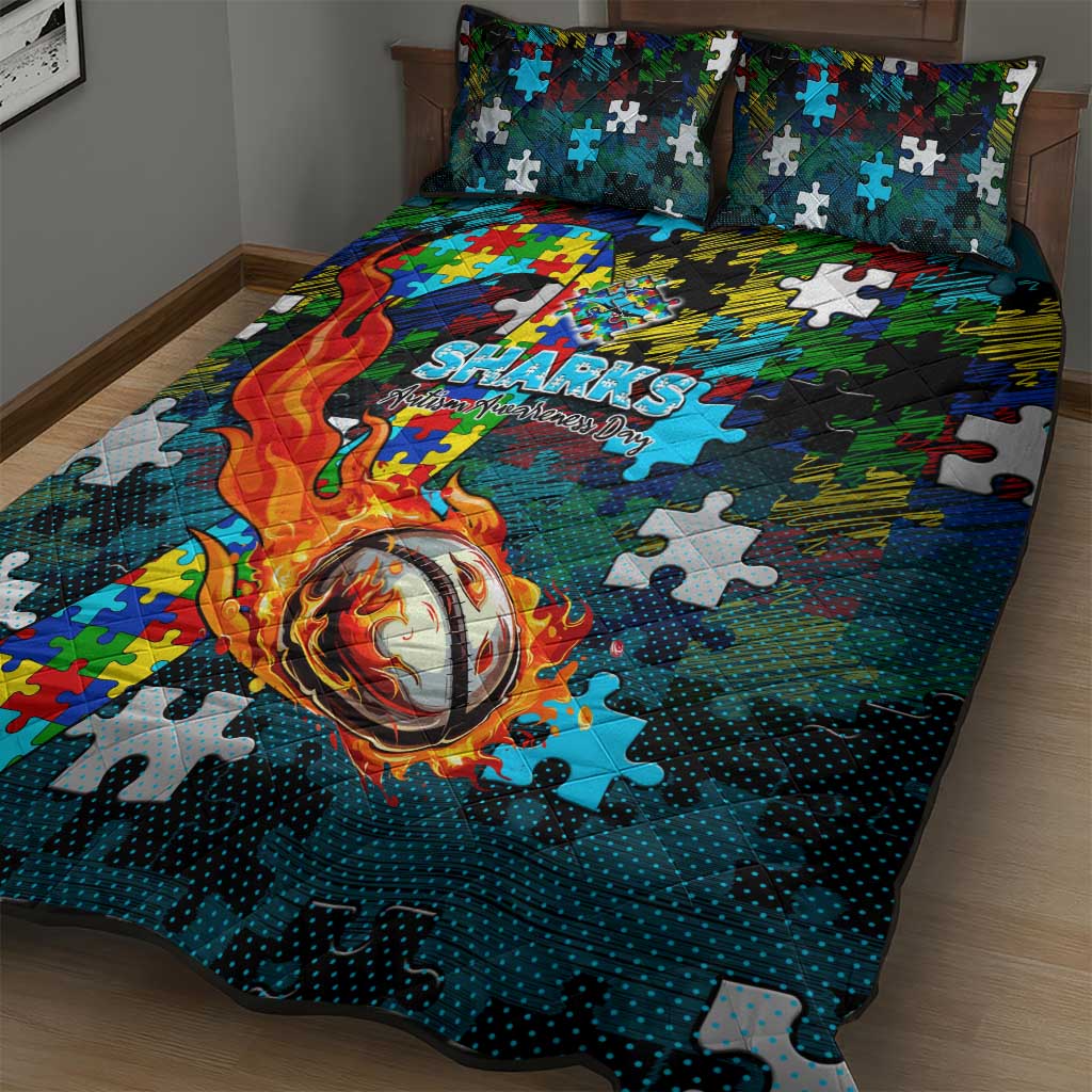 Sharks Autism Awareness Quilt Bed Set Puzzle Flames Rugby Ball