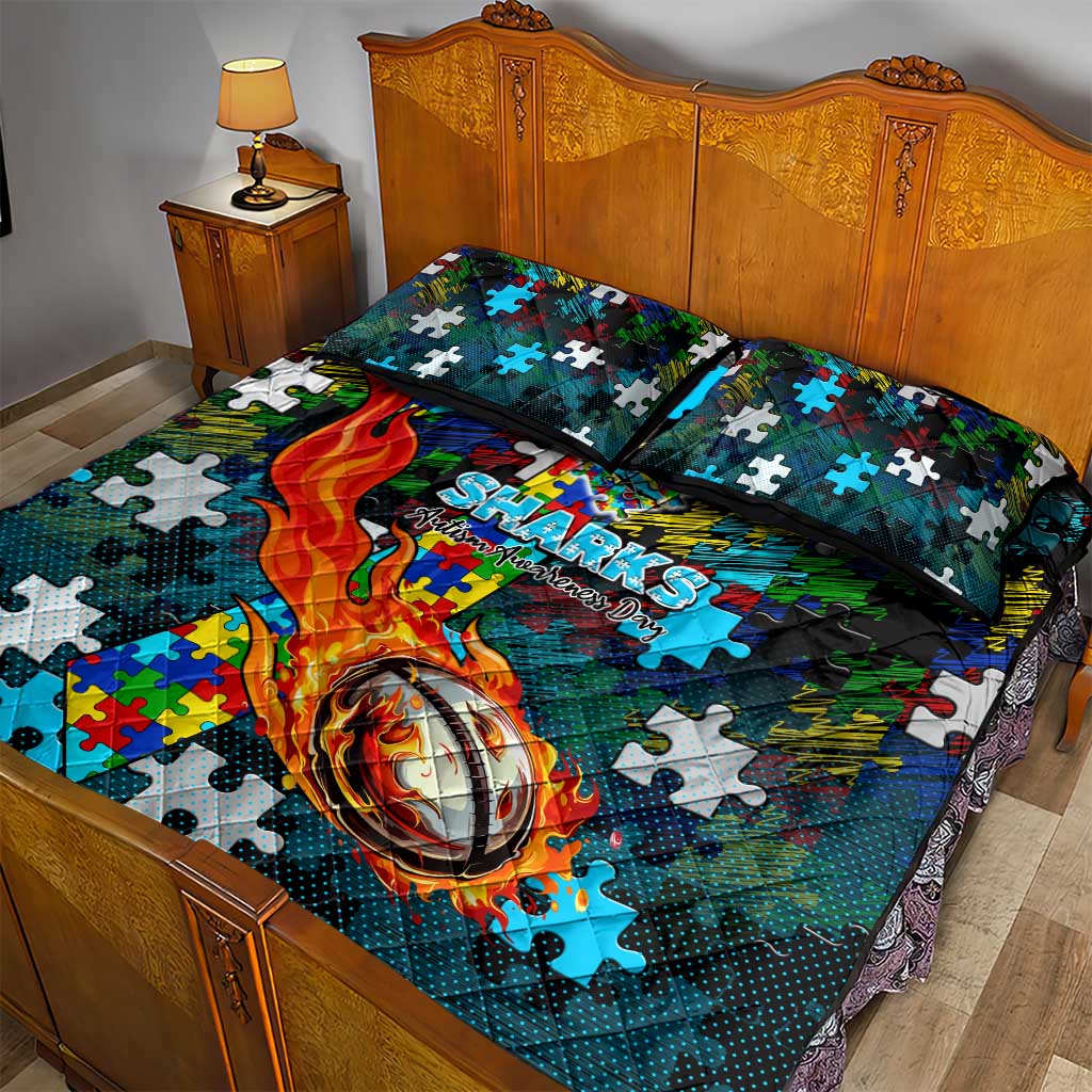Sharks Autism Awareness Quilt Bed Set Puzzle Flames Rugby Ball