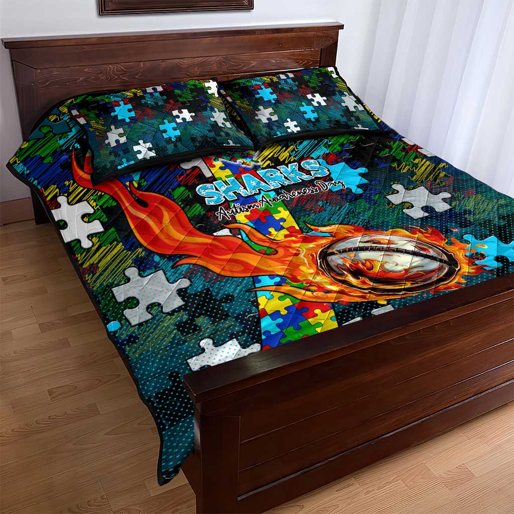Sharks Autism Awareness Quilt Bed Set Puzzle Flames Rugby Ball