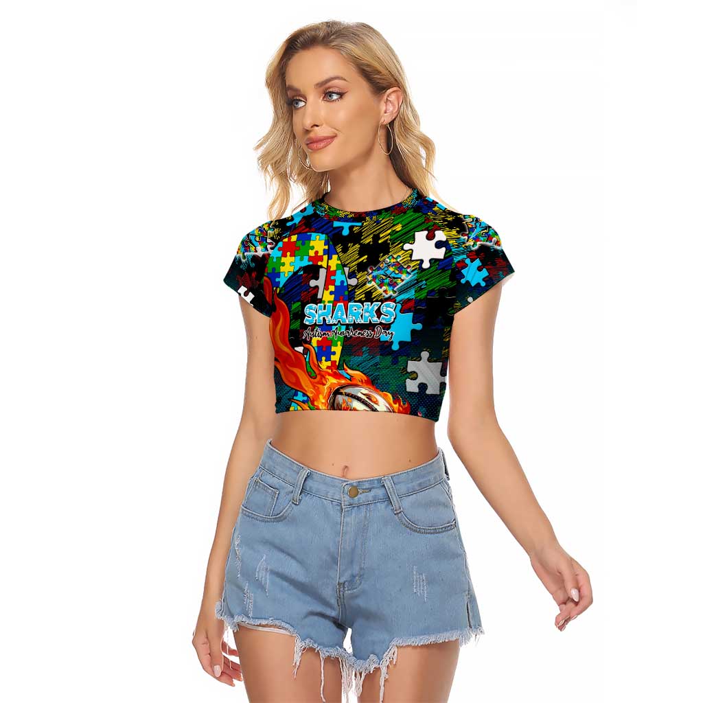 Sharks Autism Awareness Raglan Cropped T Shirt Puzzle Flames Rugby Ball