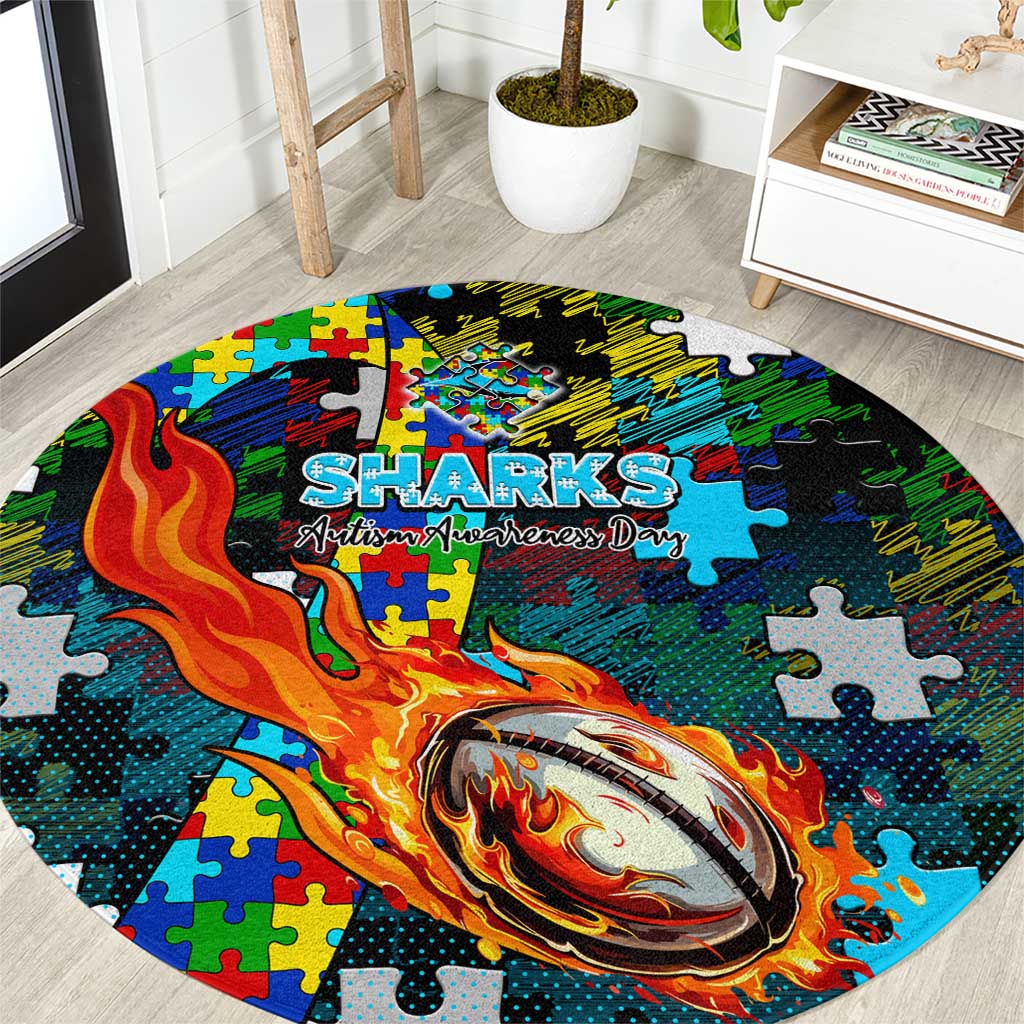 Sharks Autism Awareness Round Carpet Puzzle Flames Rugby Ball