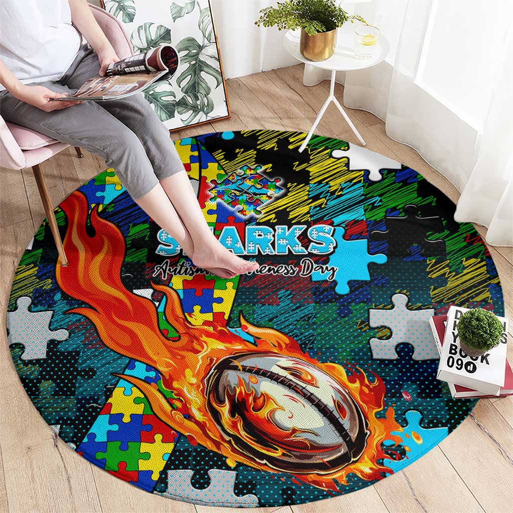 Sharks Autism Awareness Round Carpet Puzzle Flames Rugby Ball