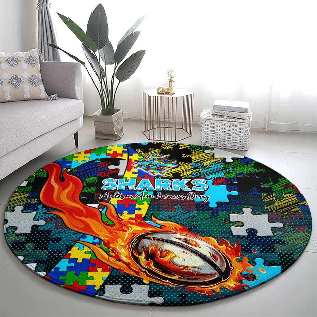 Sharks Autism Awareness Round Carpet Puzzle Flames Rugby Ball