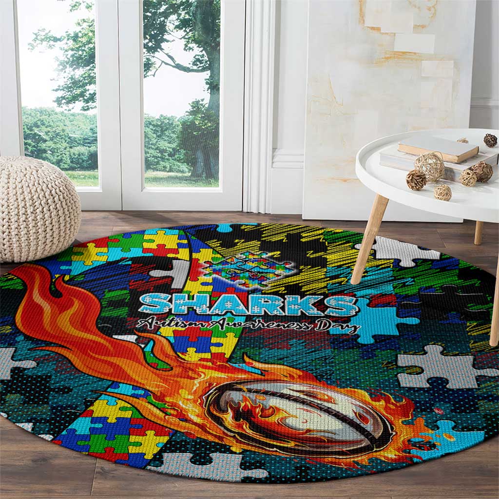 Sharks Autism Awareness Round Carpet Puzzle Flames Rugby Ball