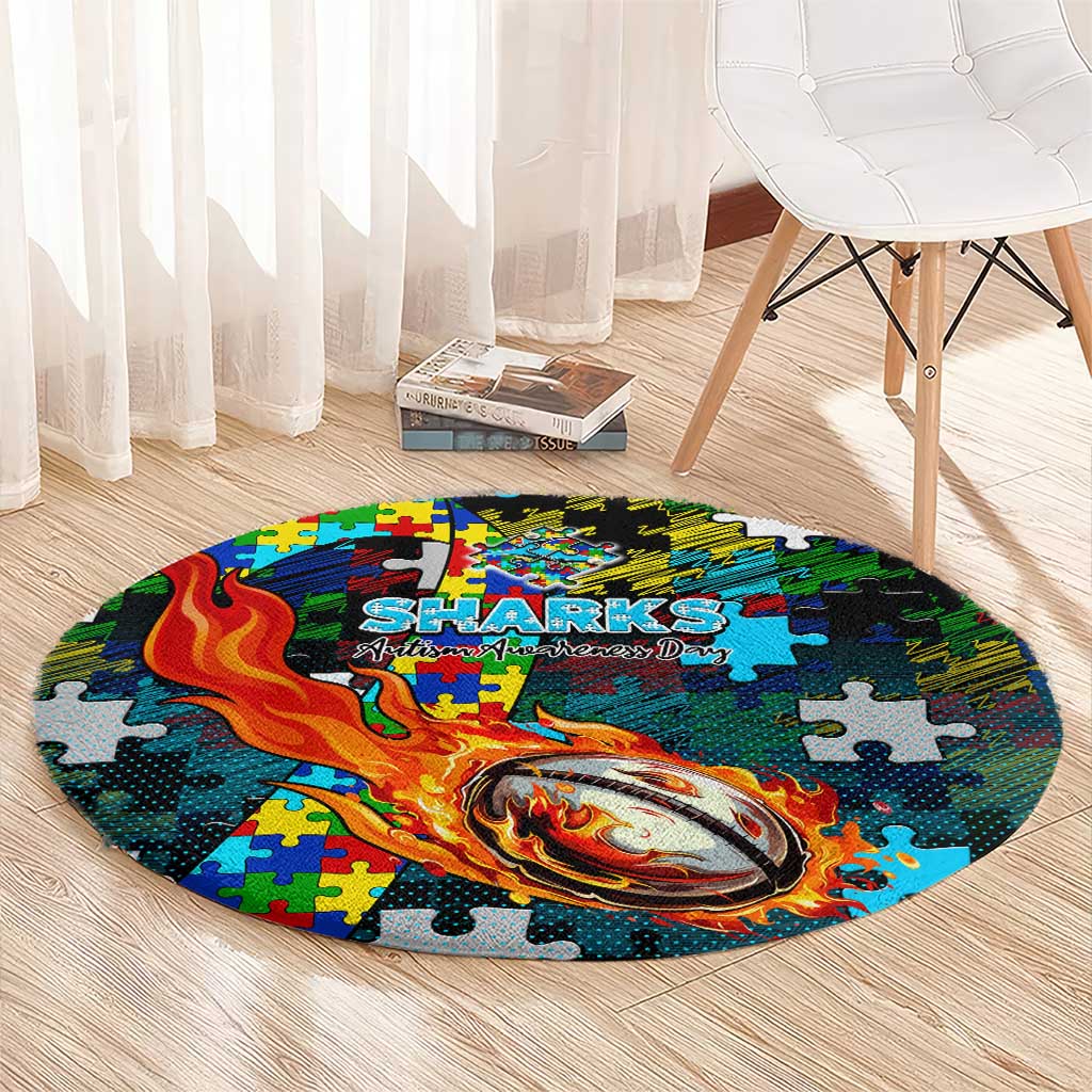 Sharks Autism Awareness Round Carpet Puzzle Flames Rugby Ball