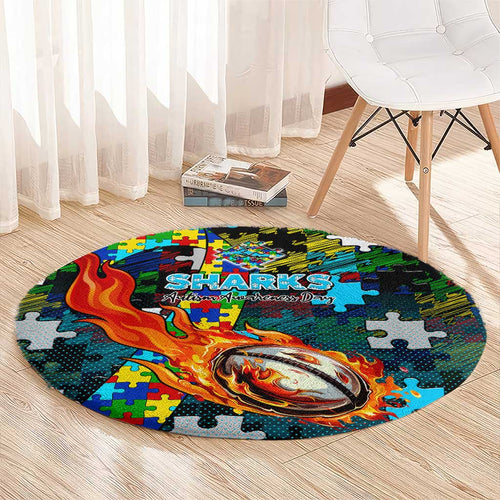 Sharks Autism Awareness Round Carpet Puzzle Flames Rugby Ball
