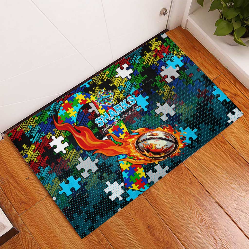 Sharks Autism Awareness Rubber Doormat Puzzle Flames Rugby Ball