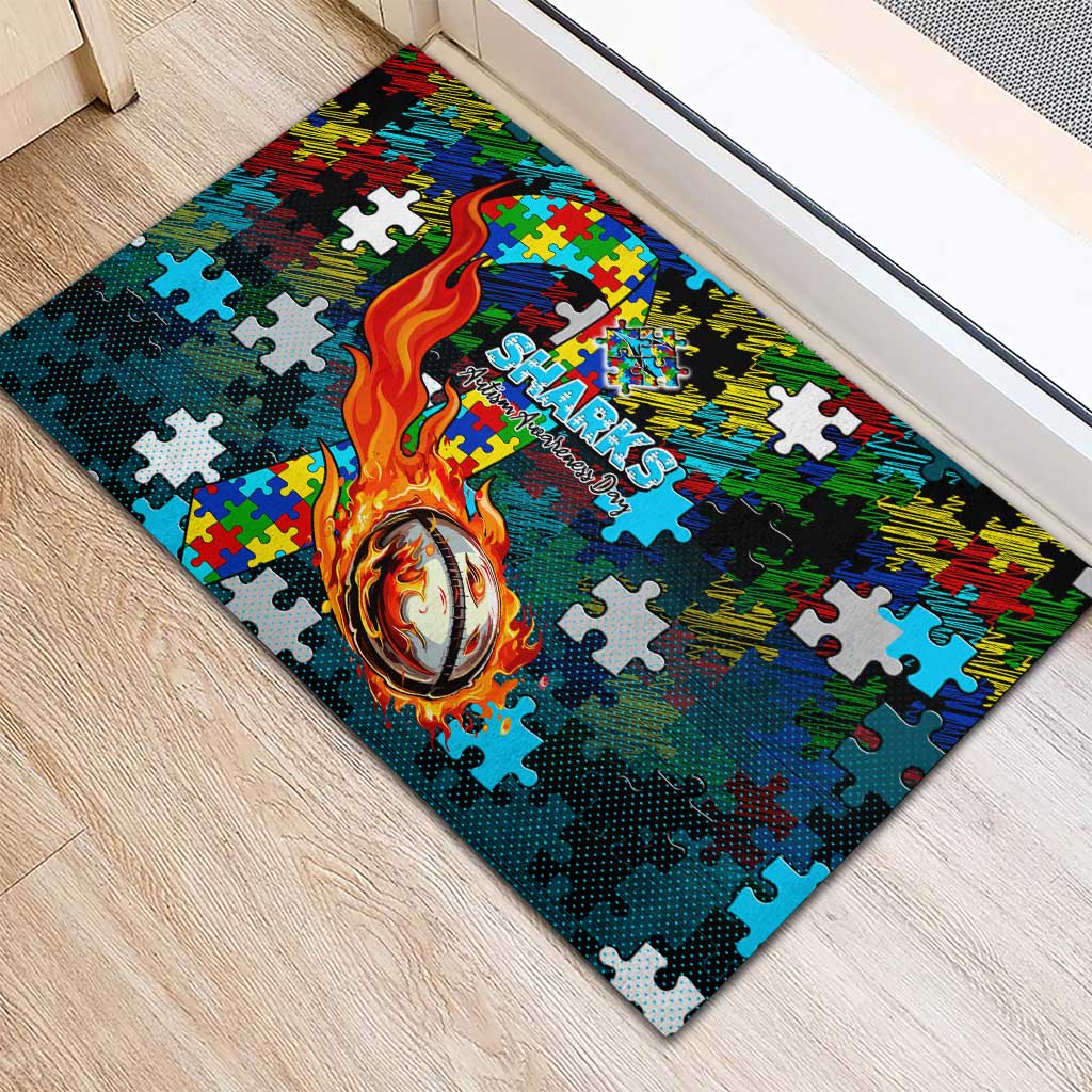 Sharks Autism Awareness Rubber Doormat Puzzle Flames Rugby Ball