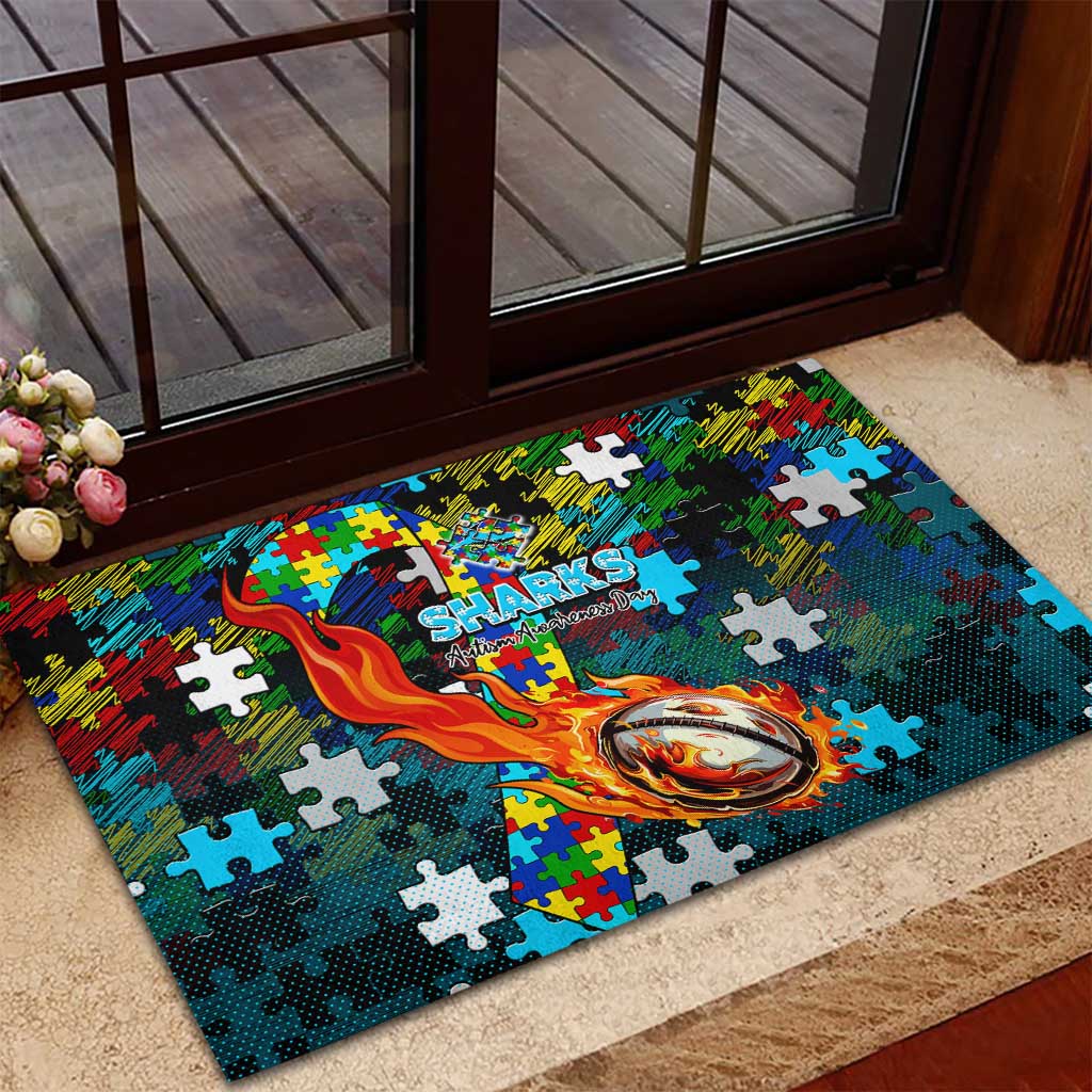 Sharks Autism Awareness Rubber Doormat Puzzle Flames Rugby Ball