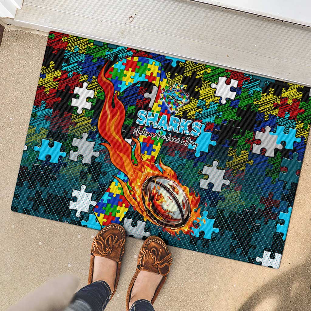 Sharks Autism Awareness Rubber Doormat Puzzle Flames Rugby Ball