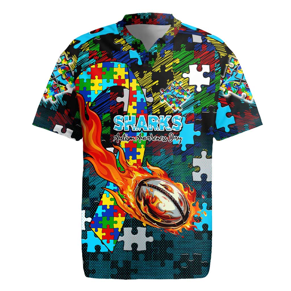 Sharks Autism Awareness Rugby Jersey Puzzle Flames Rugby Ball