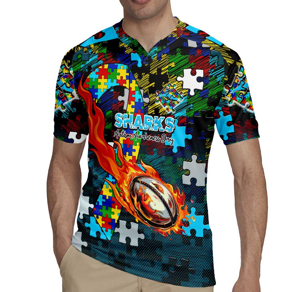 Sharks Autism Awareness Rugby Jersey Puzzle Flames Rugby Ball
