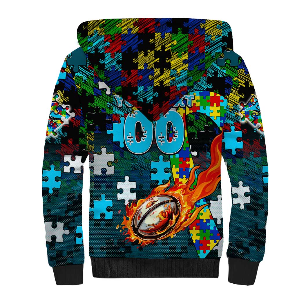 Sharks Autism Awareness Sherpa Hoodie Puzzle Flames Rugby Ball
