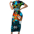 Sharks Autism Awareness Short Sleeve Bodycon Dress Puzzle Flames Rugby Ball
