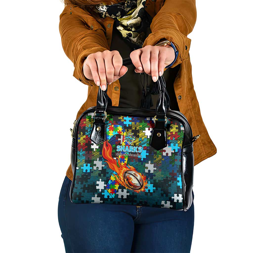 Sharks Autism Awareness Shoulder Handbag Puzzle Flames Rugby Ball