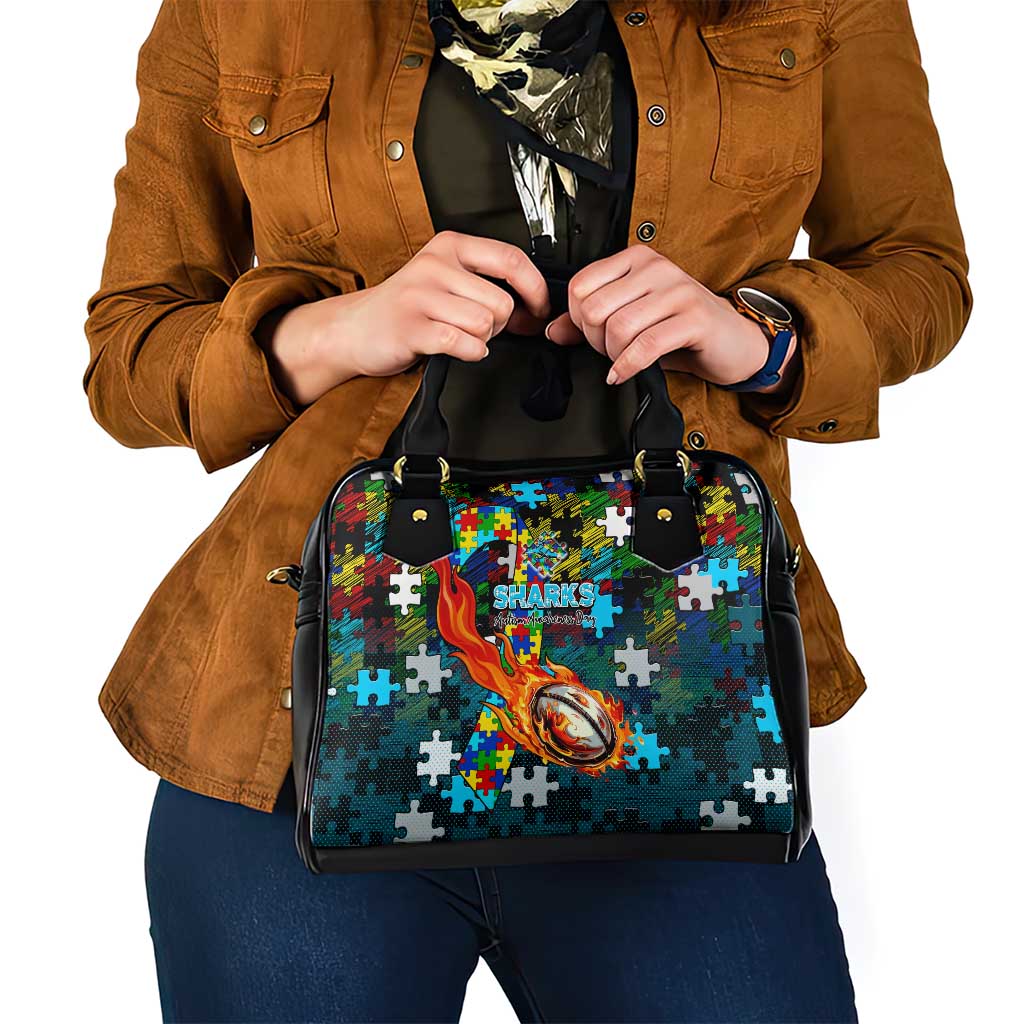 Sharks Autism Awareness Shoulder Handbag Puzzle Flames Rugby Ball