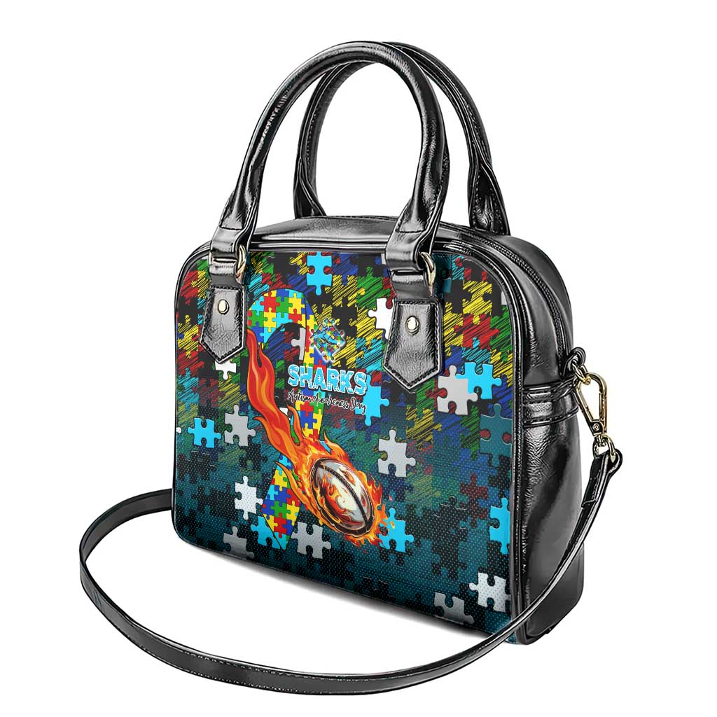 Sharks Autism Awareness Shoulder Handbag Puzzle Flames Rugby Ball