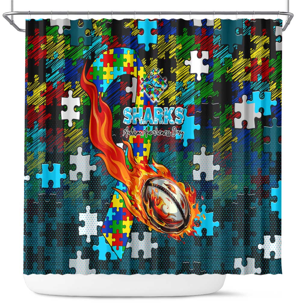 Sharks Autism Awareness Shower Curtain Puzzle Flames Rugby Ball