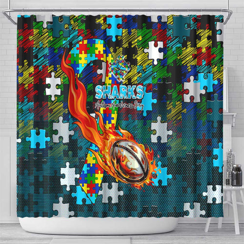 Sharks Autism Awareness Shower Curtain Puzzle Flames Rugby Ball