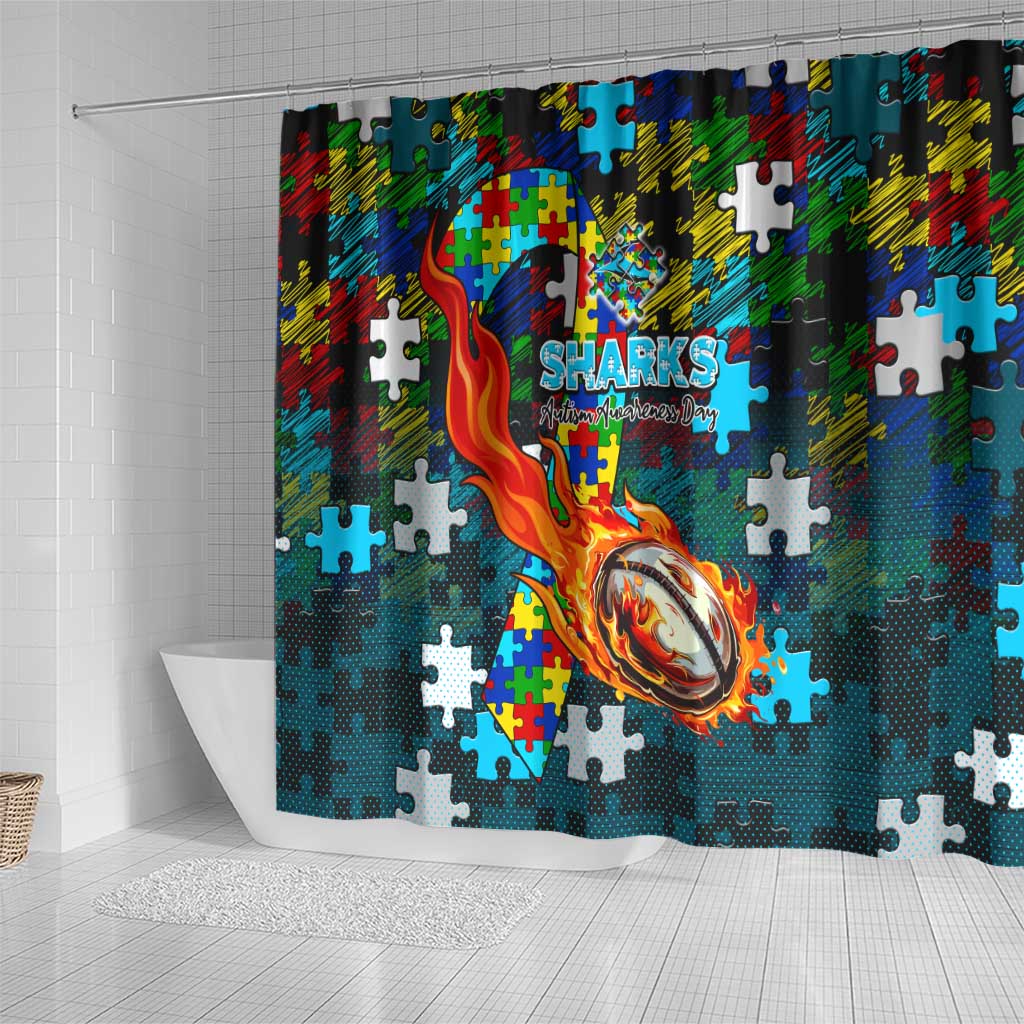 Sharks Autism Awareness Shower Curtain Puzzle Flames Rugby Ball