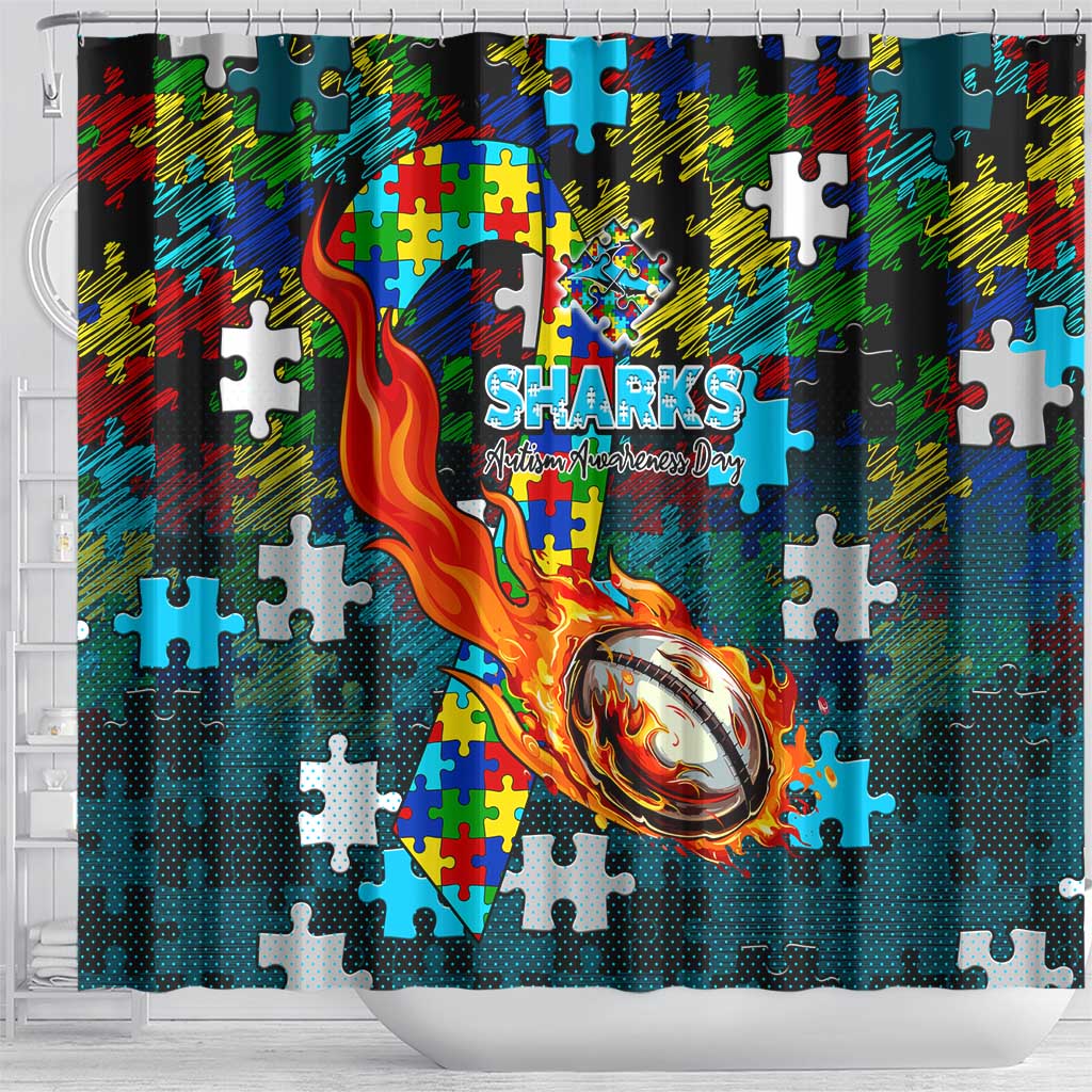 Sharks Autism Awareness Shower Curtain Puzzle Flames Rugby Ball