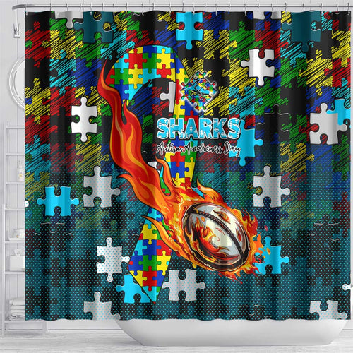 Sharks Autism Awareness Shower Curtain Puzzle Flames Rugby Ball