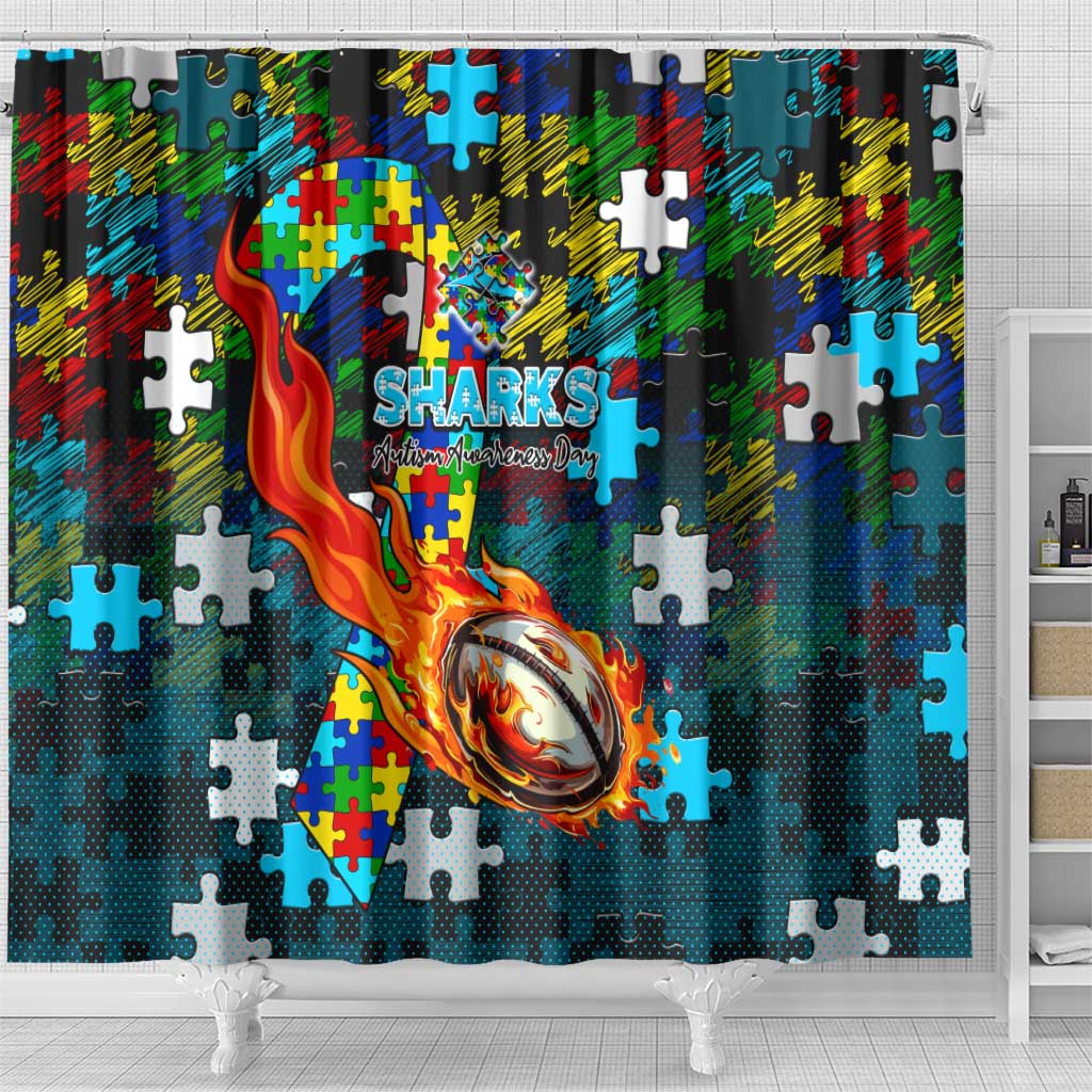 Sharks Autism Awareness Shower Curtain Puzzle Flames Rugby Ball