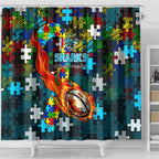 Sharks Autism Awareness Shower Curtain Puzzle Flames Rugby Ball