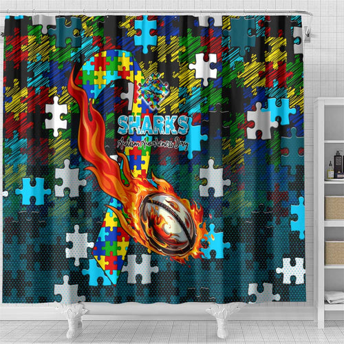 Sharks Autism Awareness Shower Curtain Puzzle Flames Rugby Ball