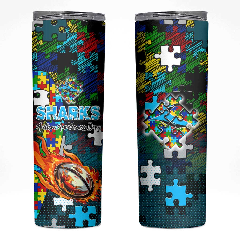 Sharks Autism Awareness Skinny Tumbler Puzzle Flames Rugby Ball