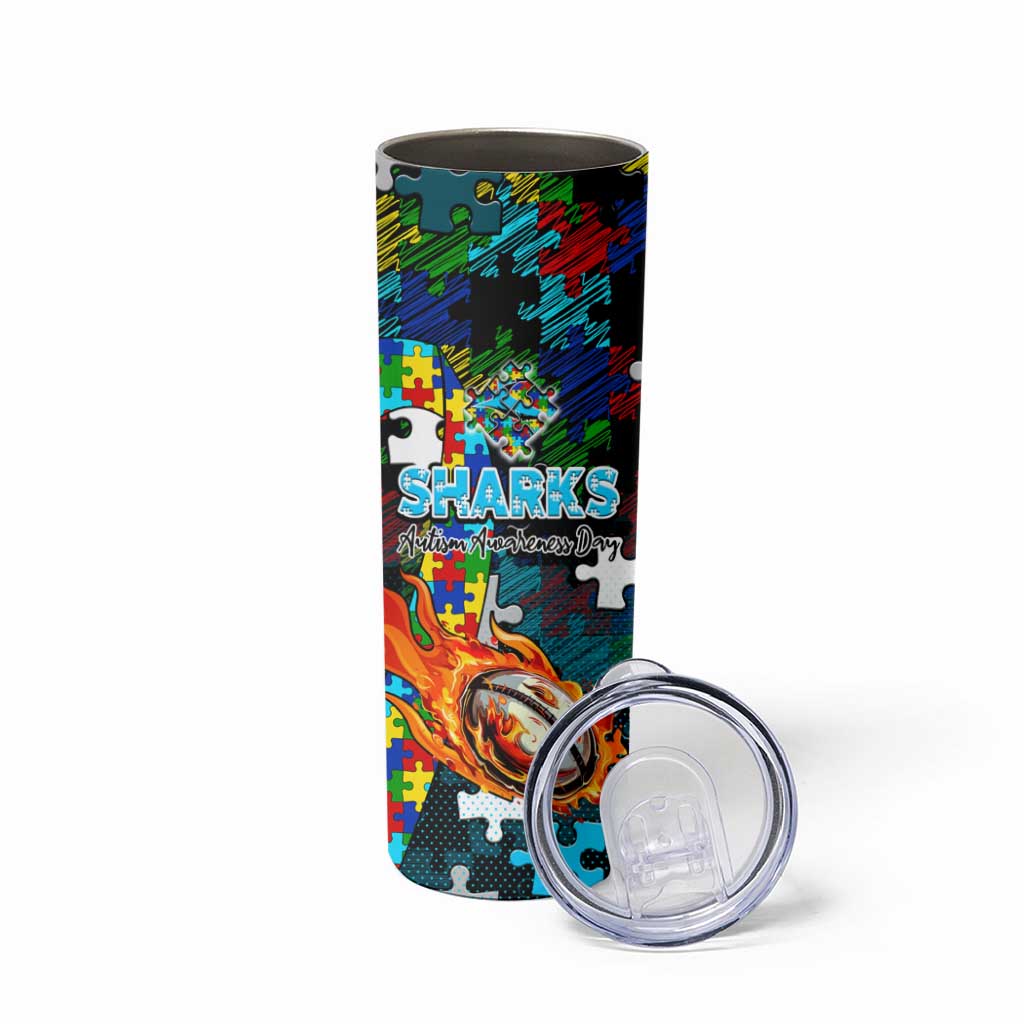 Sharks Autism Awareness Skinny Tumbler Puzzle Flames Rugby Ball
