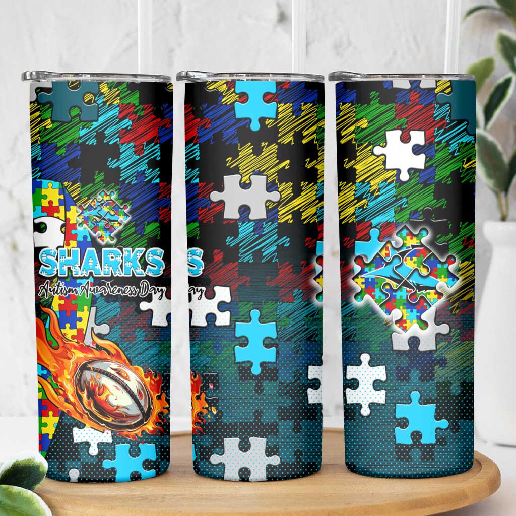 Sharks Autism Awareness Skinny Tumbler Puzzle Flames Rugby Ball