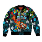 Sharks Autism Awareness Sleeve Zip Bomber Jacket Puzzle Flames Rugby Ball
