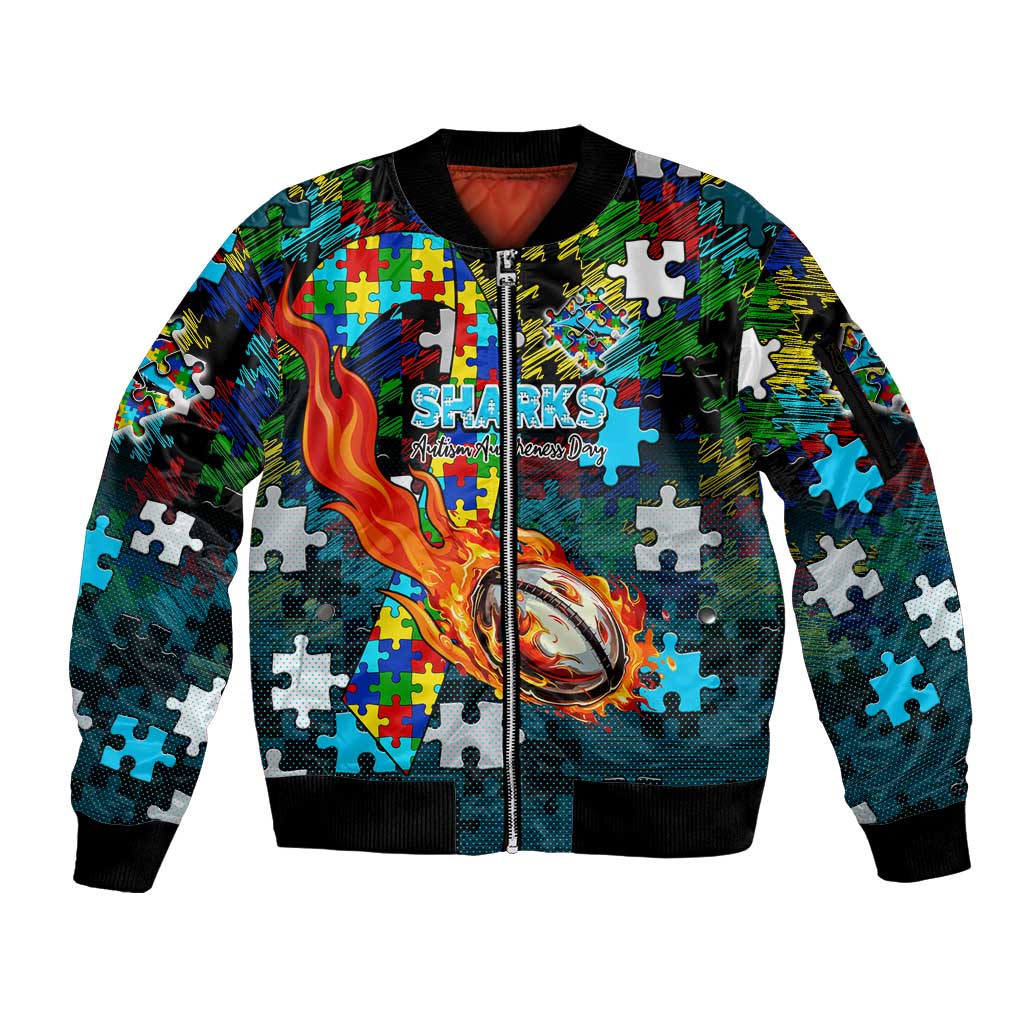 Sharks Autism Awareness Sleeve Zip Bomber Jacket Puzzle Flames Rugby Ball