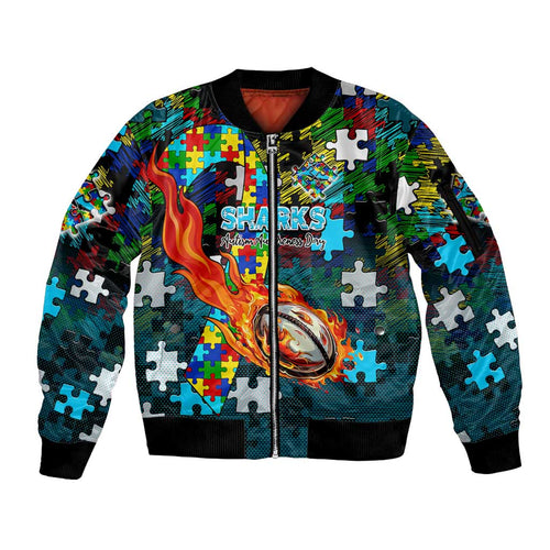 Sharks Autism Awareness Sleeve Zip Bomber Jacket Puzzle Flames Rugby Ball