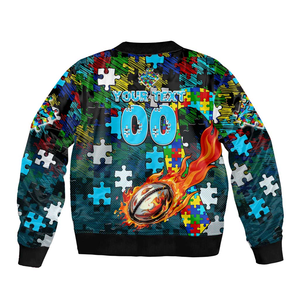 Sharks Autism Awareness Sleeve Zip Bomber Jacket Puzzle Flames Rugby Ball