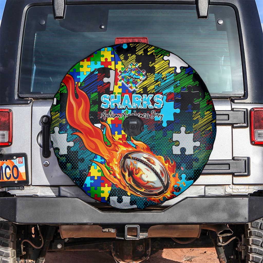 Sharks Autism Awareness Spare Tire Cover Puzzle Flames Rugby Ball