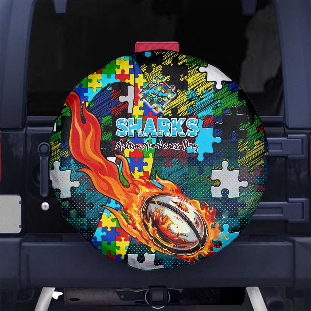 Sharks Autism Awareness Spare Tire Cover Puzzle Flames Rugby Ball