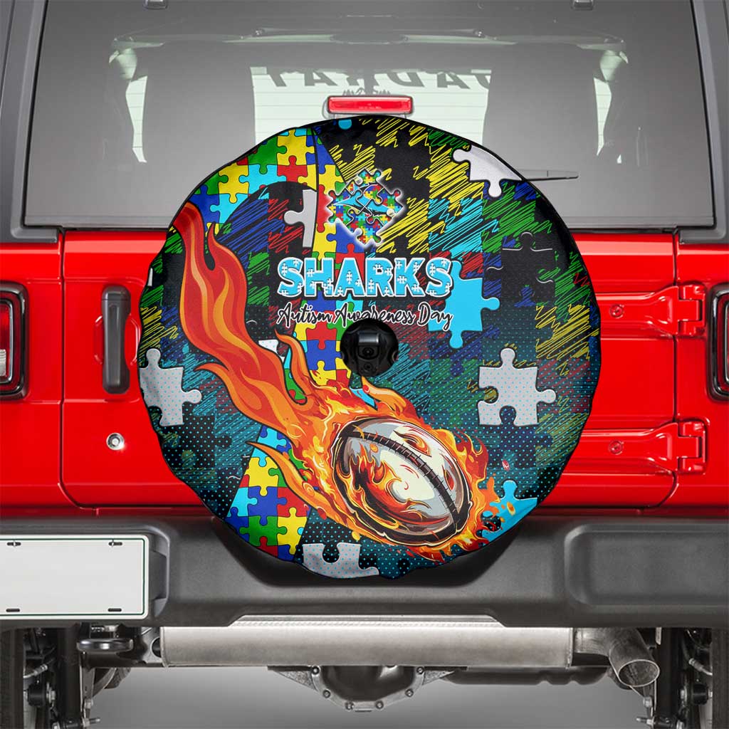 Sharks Autism Awareness Spare Tire Cover Puzzle Flames Rugby Ball