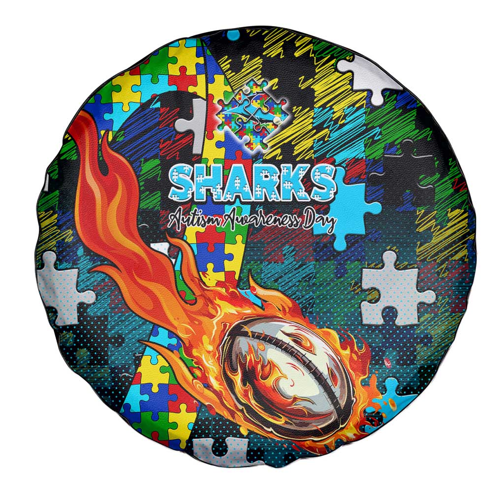 Sharks Autism Awareness Spare Tire Cover Puzzle Flames Rugby Ball