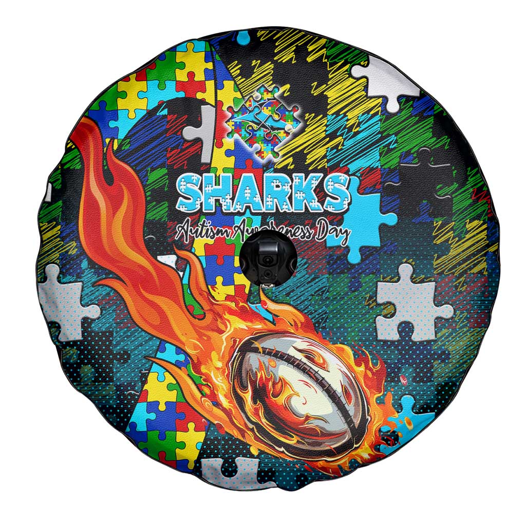 Sharks Autism Awareness Spare Tire Cover Puzzle Flames Rugby Ball