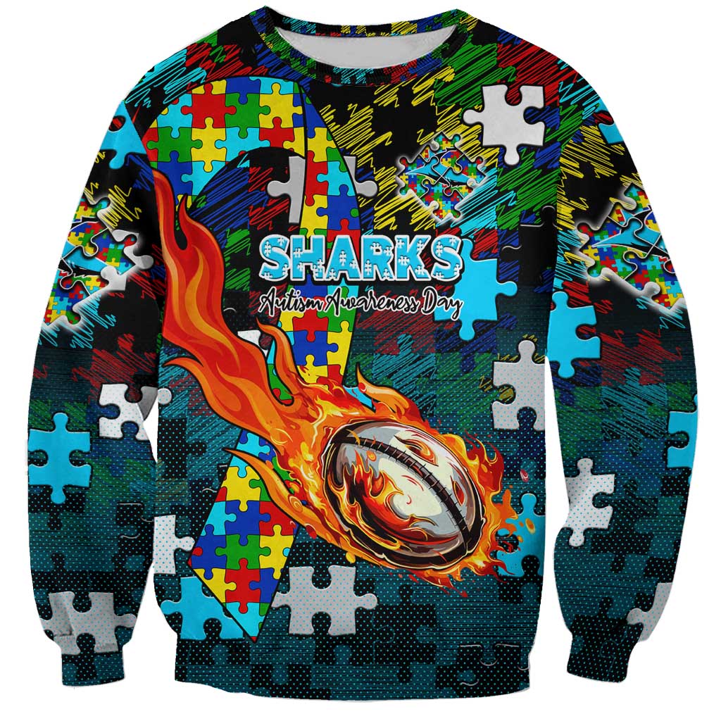 Sharks Autism Awareness Sweatshirt Puzzle Flames Rugby Ball