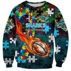 Sharks Autism Awareness Sweatshirt Puzzle Flames Rugby Ball