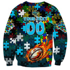 Sharks Autism Awareness Sweatshirt Puzzle Flames Rugby Ball