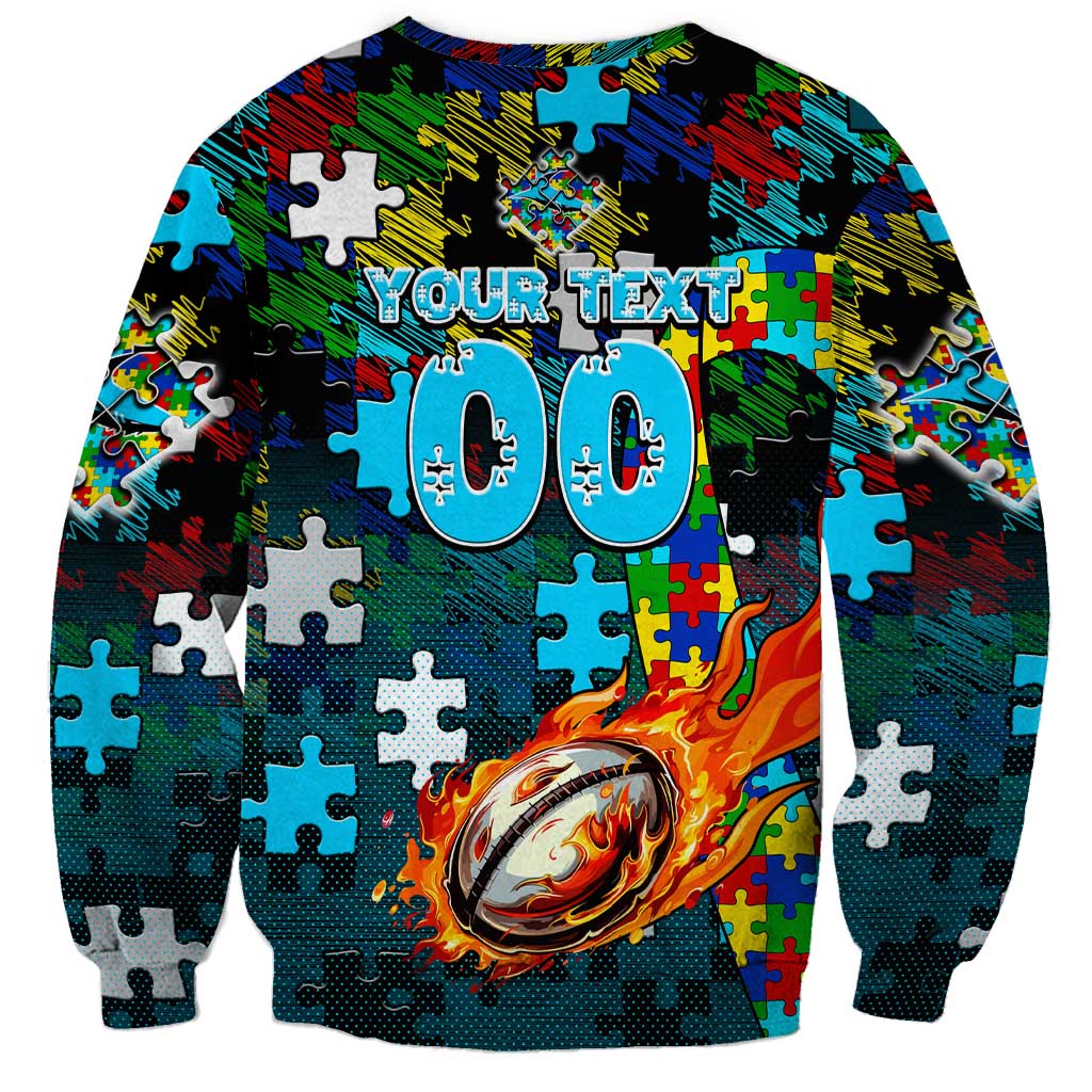 Sharks Autism Awareness Sweatshirt Puzzle Flames Rugby Ball