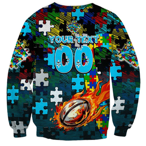 Sharks Autism Awareness Sweatshirt Puzzle Flames Rugby Ball