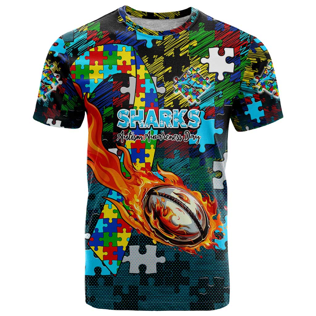 Sharks Autism Awareness T Shirt Puzzle Flames Rugby Ball