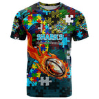 Sharks Autism Awareness T Shirt Puzzle Flames Rugby Ball
