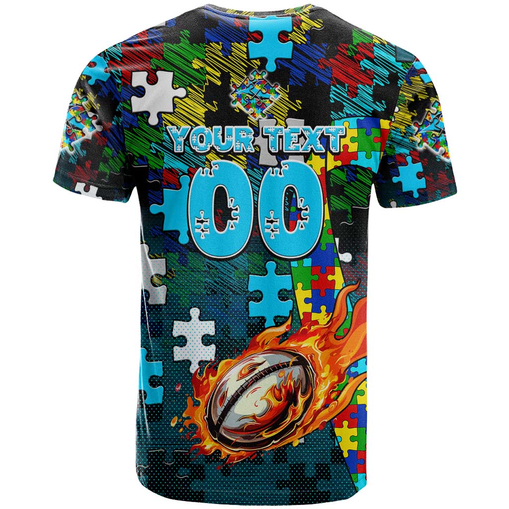Sharks Autism Awareness T Shirt Puzzle Flames Rugby Ball