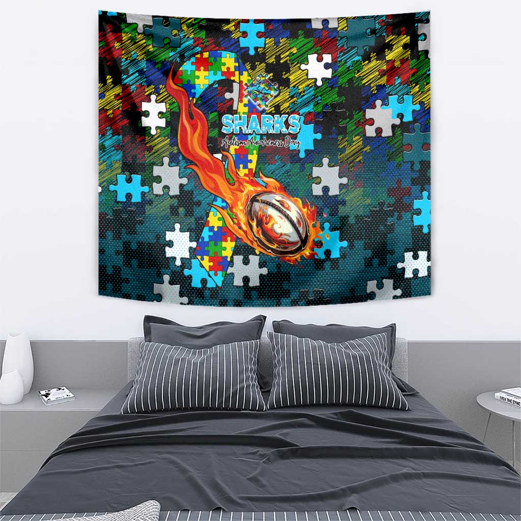 Sharks Autism Awareness Tapestry Puzzle Flames Rugby Ball
